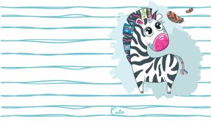 A cartoon boho-style zebra on a teal doodle line seamless pattern on white