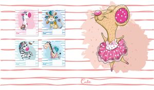 A cartoon ballerina mouse on a beige-red doodle line seamless pattern on white