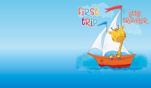 Cartoon giraffe traveling on a sailboat against a light blue backdrop