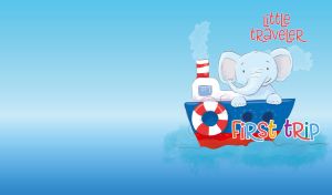 Cartoon elephant traveling on a ship against a light blue backdrop