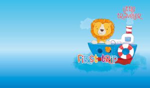 Cartoon lion traveling on a boat against a light blue backdrop