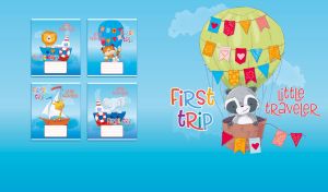 Cartoon raccoon traveling in a hot air balloon against a light blue backdrop