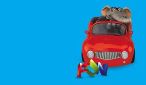 3D elephant in a black suit and glasses drives a red car on light blue backdrop