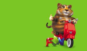 3D tabby cat drives a red scooter on a lime green backdrop