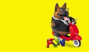 3D dog in a black suit and glasses rides a scooter on a yellow backdrop