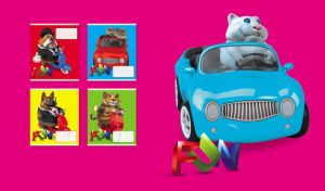 3D white cat behind the wheel of a blue car on a fuchsia backdrop