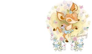 An illustration of a deer dancing among flowers on a white backdrop