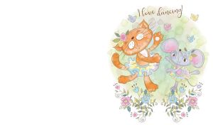 An illustration of a cat and a mouse dancing among flowers on a white backdrop
