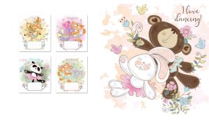 An illustration of a bear and a bunny dancing among flowers on a white backdrop