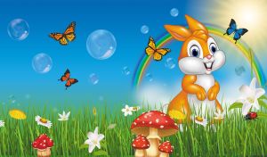 Cartoon bunny under a rainbow in a blue sky in a green field of wildflowers