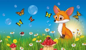 Cartoon red fox in a green field of wildflowers and mushrooms at dawn