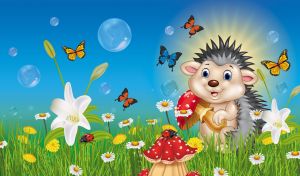 Cartoon hedgehog holds a fly agaric in a green field of wildflowers at dawn