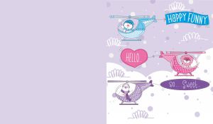 A cartoon scene of bears and a cat in helicopters on a pastel purple backdrop