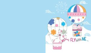 A cartoon scene of giraffes and hippos on hot air balloons on pastel blue