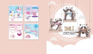 A cartoon scene of a raccoon family on swings on a pastel beige backdrop