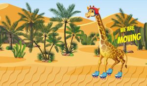 Cartoon giraffe glides on roller skates among the palms of an ocher desert