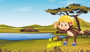 Cartoon monkey glides on roller skates by a blue savannah lake