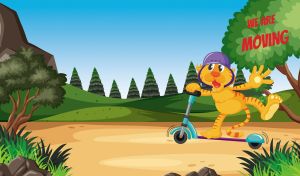 Cartoon tiger drives a scooter on an ocher dirt road in a green fir forest