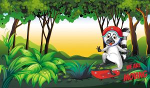 Cartoon raccoon slides on a skateboard in a dense green forest