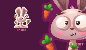 A portrait of a cute cartoon rabbit holding carrots on deep purple