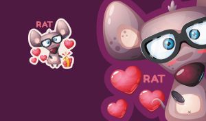 A portrait of a cute cartoon rat with red hearts on deep purple