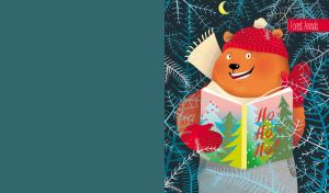 Animated bear reading a story book in a winter forest on a dark teal backdrop