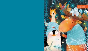 Animated moose, penguin and squirrel in a winter forest on a teal blue backdrop