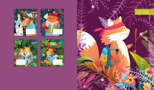 Animated fox hiking in a forest on a purple backdrop