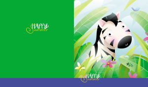 Illustration of a happy summer zebra in a green tropical jungle