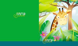 Illustration of a happy summer giraffe in a green tropical jungle