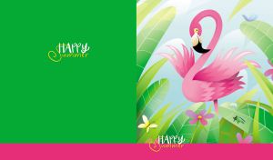 Illustration of a happy summer flamingo in a green tropical jungle