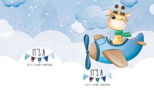 Cute cartoon giraffe piloting a plane against pastel blue and white cloudy sky