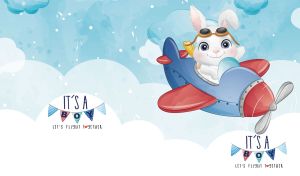 Cute cartoon rabbit piloting a plane against pastel blue and white cloudy sky