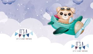 Cute cartoon bear piloting a plane against pastel violet and white cloudy sky