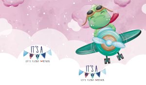 Cute cartoon dino piloting a plane against pastel pink and white cloudy sky