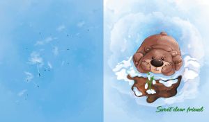 A sweet teddy bear enjoys watching snowdrops on a sky blue watercolor backdrop