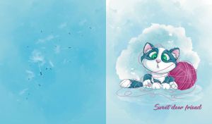 A sweet cartoon kitten plays with a yarn ball on a baby blue watercolor backdrop