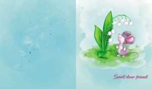 A sweet mouse enjoys the scent of lilies on a teal blue watercolor backdrop