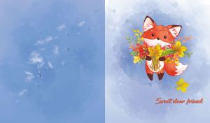 A sweet little fox holds a bunch of fallen leaves on a pastel navy watercolor backdrop