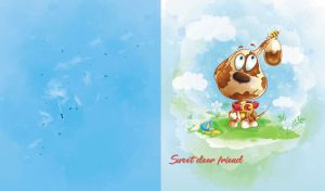 A sweet little dog and a bee on a light blue watercolor backdrop