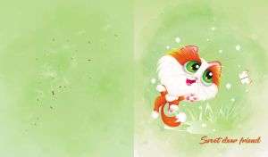 A sweet little cat plays with a butterfly on a light green watercolor backdrop