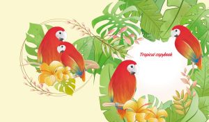 Tropical Copybook | Drawn Animals around Vignette of Leaves on Pastel Yellow