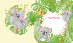 Grey koala bears among tropical plants on a pastel yellow backdrop