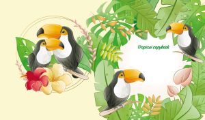 Black and white toucans among tropical plants on a pastel yellow backdrop