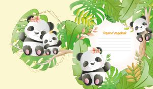 Black and white pandas among tropical plants on a pastel yellow backdrop