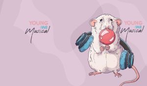 Illustration of a rat with headphones blowing a bubblegum on pastel purple