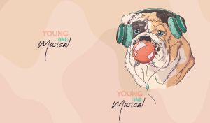 Illustration of a bulldog with headphones blowing a bubblegum on pastel beige