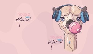 Illustration of an alpaca with headphones blowing a bubblegum on pastel pink