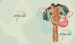 Illustration of a giraffe with headphones blowing a bubblegum on pastel green