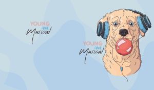 Illustration of a labrador with headphones blowing a bubblegum on pastel blue
